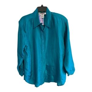 Vintage Jordan 100% Silk Blouse Women Sz 12 Blue Long Sleeves Embroidered